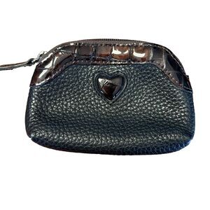 BRIGHTON‎ Black Pebble Leather Heart COIN PURSE Zippered Pouch Moc Croc Small